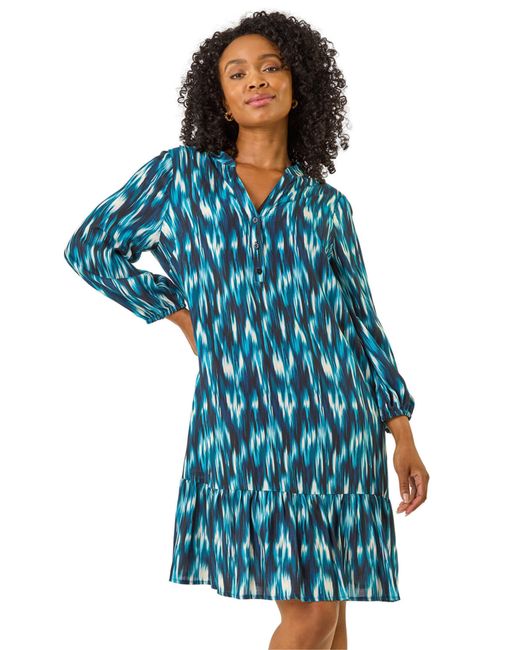 Roman Blue Petite Ikat Print Tiered Hem Dress