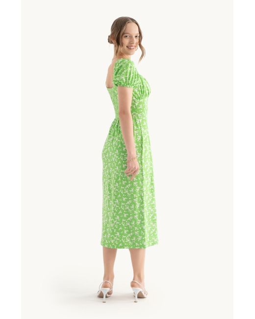 Hiccup Green Floral Sweetheart Neck Puff Sleeves Midi Dress With A Side Slit