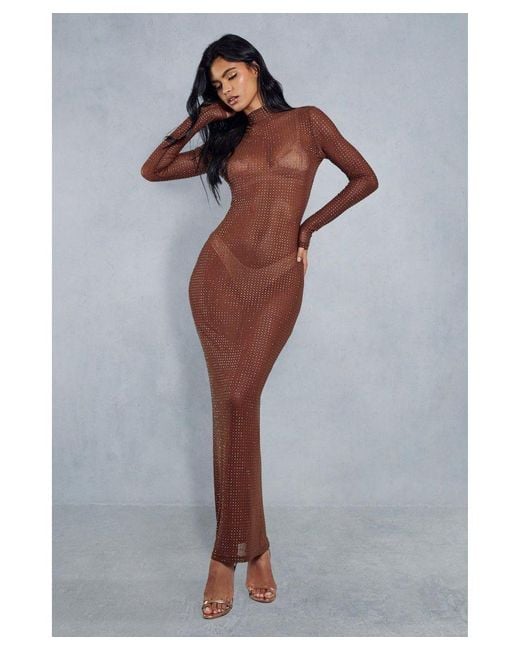 MissPap Brown Premium Mesh Hot Fix High Long Sleeve Maxi Dress