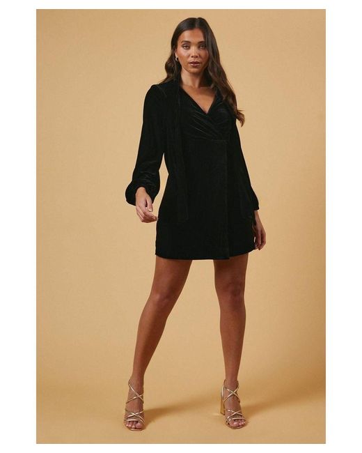 Oasis Black Petite Occasion Velvet Tie Neck Mini Dress