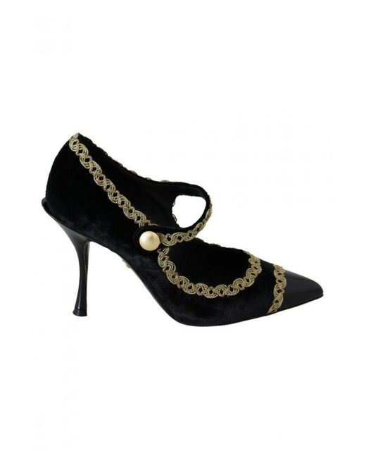 Dolce & Gabbana Black Embellished Velvet Mary Jane Pumps Shoes Viscose