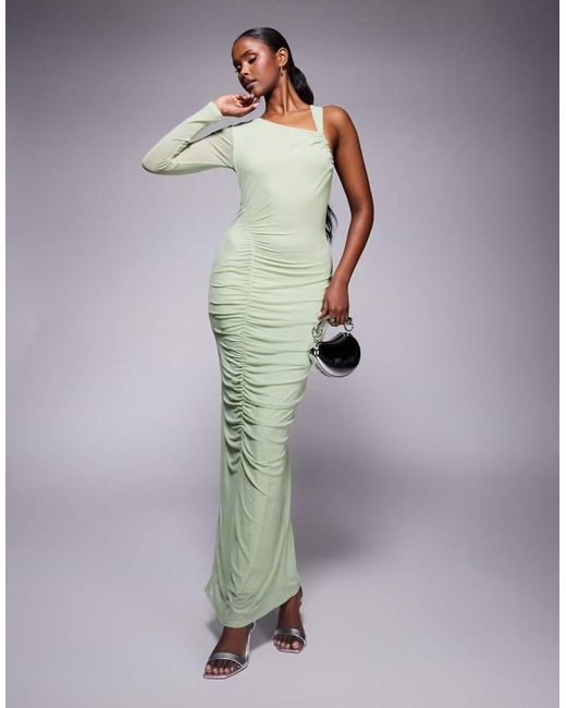 ASOS Gray Mesh One Sleeve Asymmetric Midi Dress With Channelled Strap Detail