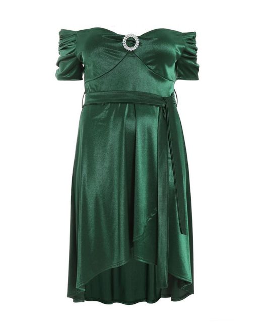 Quiz Green Curve Bottle Satin Dip Hem Midi Dress