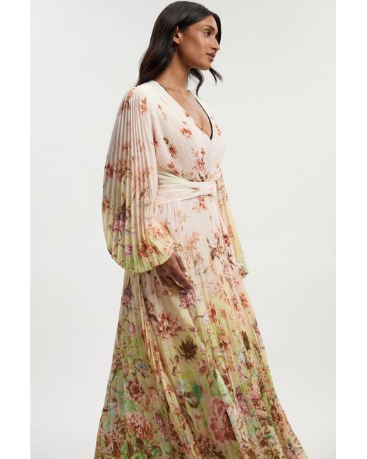 Karen Millen Natural Petite Scattered Floral Balloon Sleeve Pleated Crinkle Cut Out Woven Maxi Dress