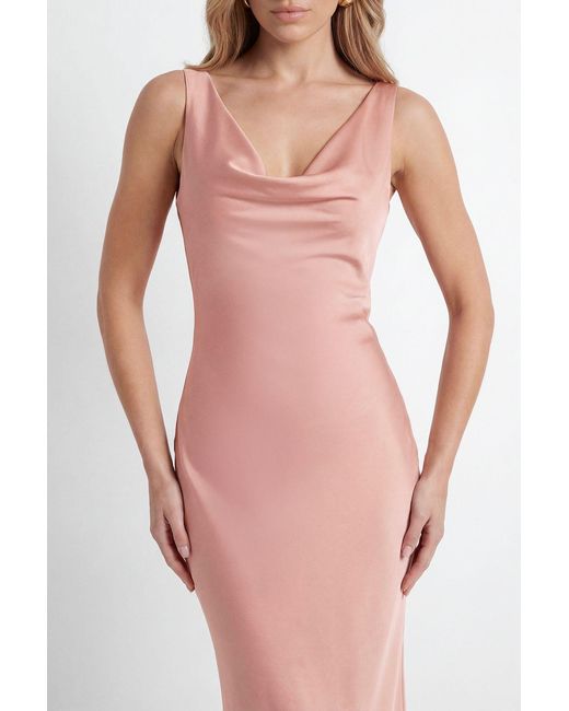 MissPap Natural Premium Satin Cowl Neck Fishtail Maxi Bridesmaid Dress
