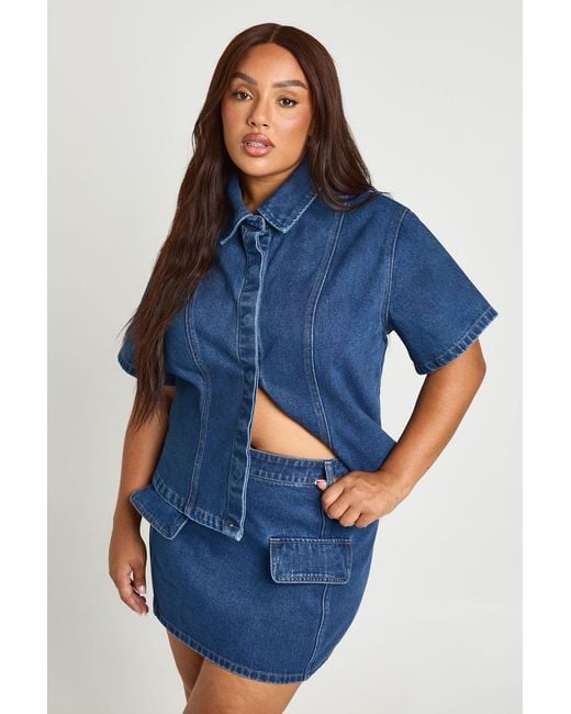 Boohoo Blue Plus Pocket Detail Denim Mini Skirt
