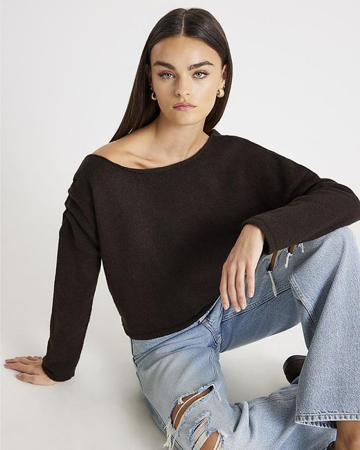 River Island Black Jumper Knitted Off The Shoulder