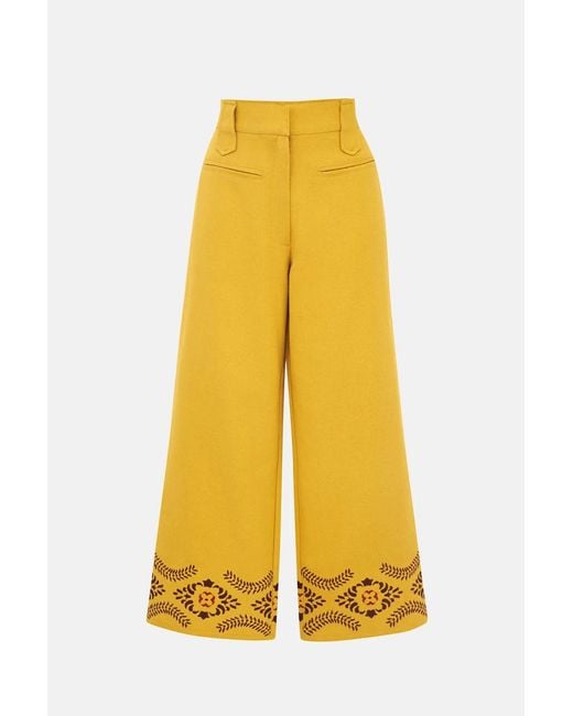 Hiccup Yellow Linen Blend Guna Trousers With Embroidery Detail