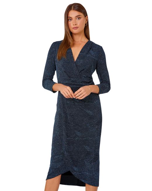 Roman Blue Glitter Print Wrap Midi Stretch Dress