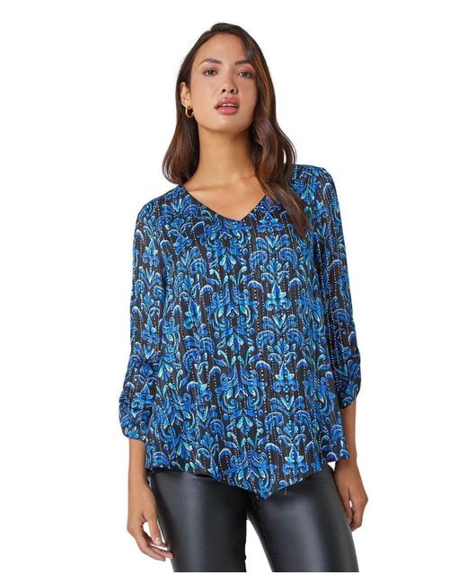 Roman Blue Abstract Print Metallic Ruched Blouse
