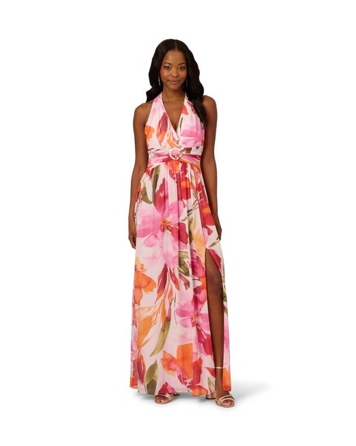 Adrianna Papell Red Floral Chiffon Ring Gown