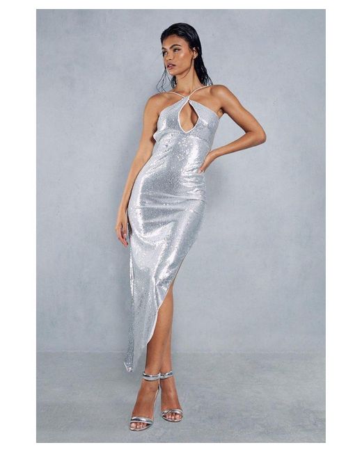 MissPap Blue Sequin Strap Detail Backless Asymmetric Midi Dress
