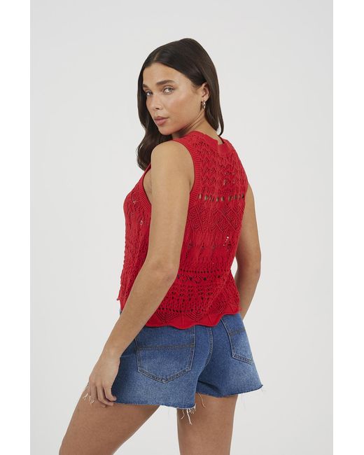 Brave Soul Red Crew Neck Pointelle Knit Tank