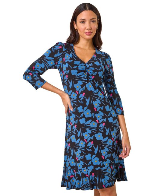 Roman Blue Floral Print V-Neck Ruched Dress