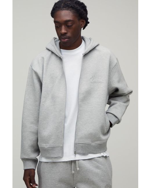 BoohooMAN Gray Heavyweight Embroidered Cropped Boxy Zip Through Hoodie for men