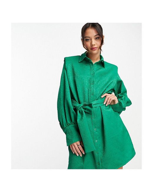 In The Style Green Exclusive Satin Printed Shirt Dress With Belt Detail