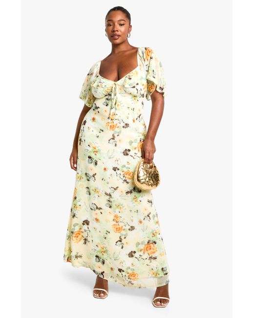 Boohoo Metallic Plus Ruffle Detail Short Sleeve Printed Maxi Dress
