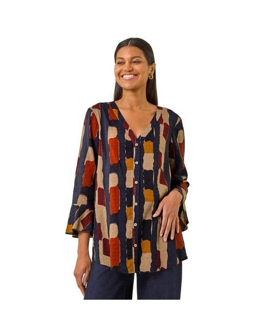 Roman Black Abstract Print Buttoned Blouse