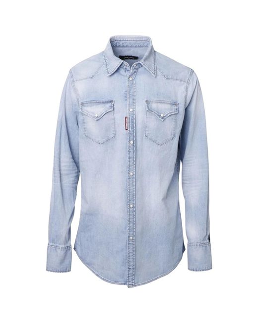 DSquared² Blue Classic Western Faded Denim Shirt Cotton for men