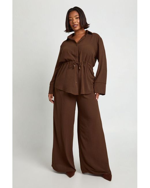 Boohoo Brown Plus Woven Tie Waist Shirt & Trouser Co Ord