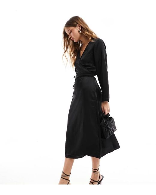 Only Petite Black Satin Wrap Midi Dress