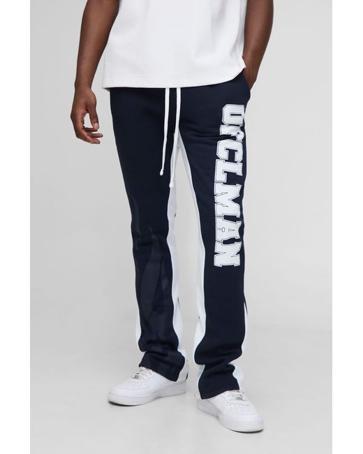 BoohooMAN Blue Slim Flared Ofclman Flame Gusset Joggers for men