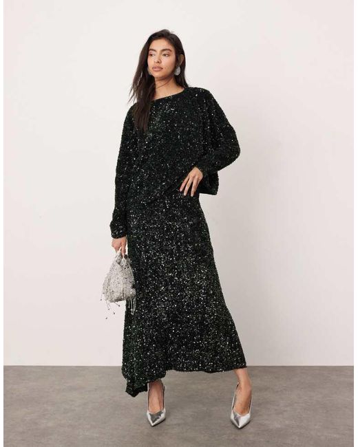 ASOS Black Velvet Allover Sequin Long Sleeve Slouchy Top Co-Ord