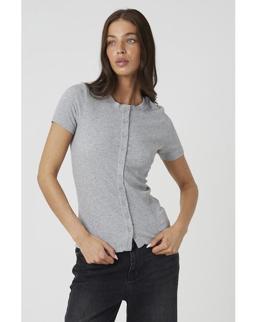 Brave Soul Gray Cotton Rich Short Sleeve Button Down Top