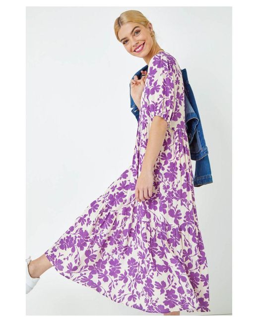 D.u.s.k Purple Floral Tiered Midi Smock Dress