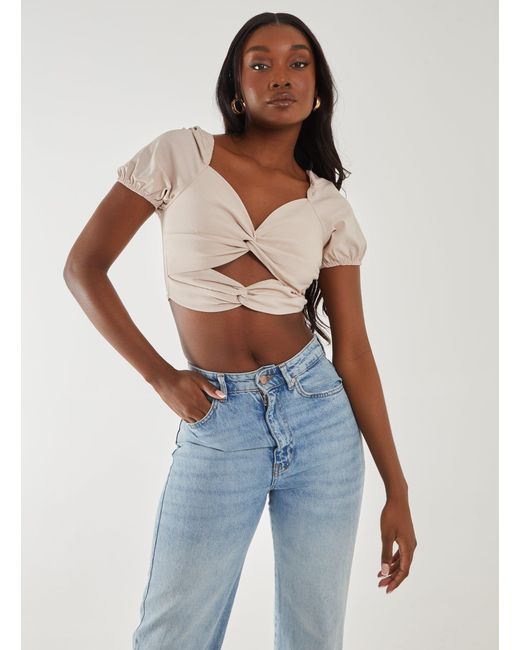 Pink Vanilla Blue Puff Sleeve Bengaline Cropped Top