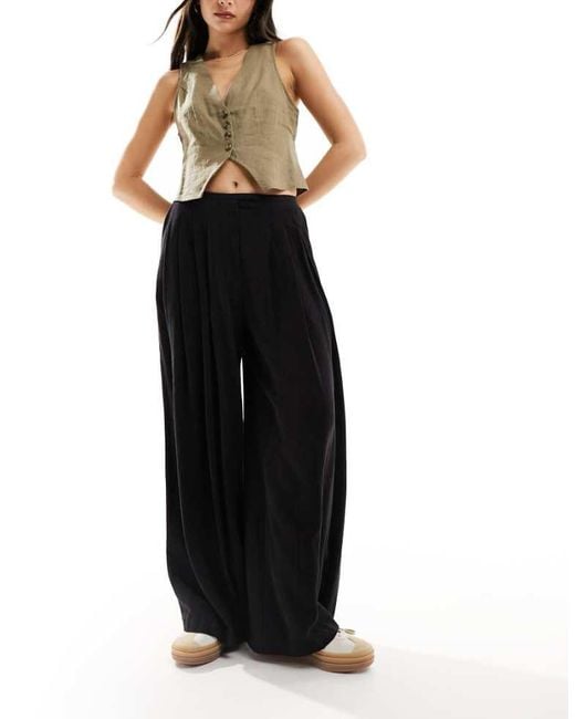 ASOS Black Pleated Palazzo Wide Leg Trouser With Linen
