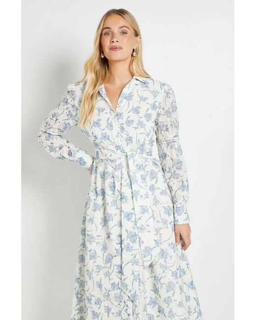 Wallis White Petite Floral Embroidered Midi Shirt Dress