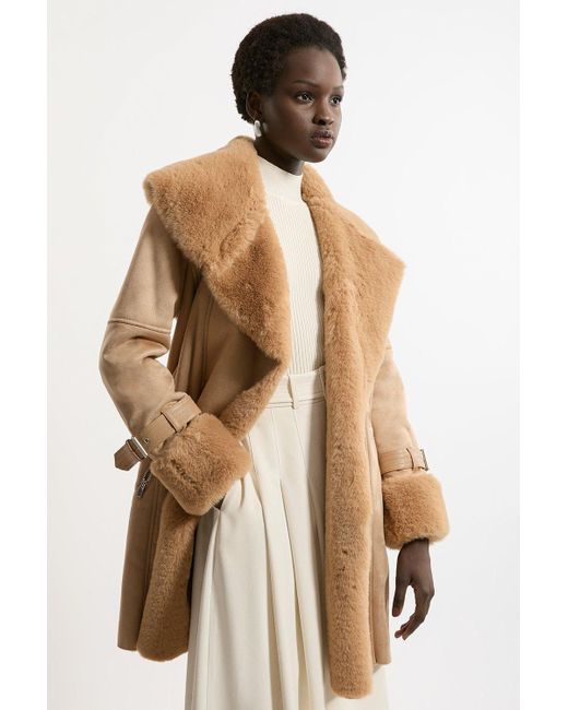 Karen Millen Natural Faux Shearling Collar & Cuff Belted Short Coat
