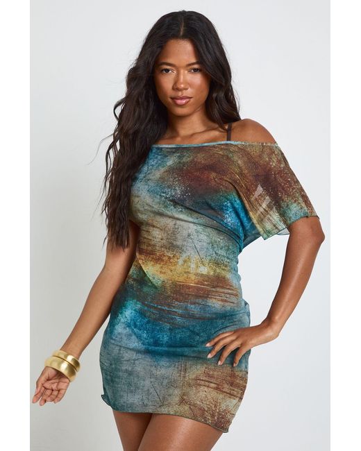 Boohoo Blue Abstract Print Sheer Mesh Asym Cowl Back Mini Beach Dress