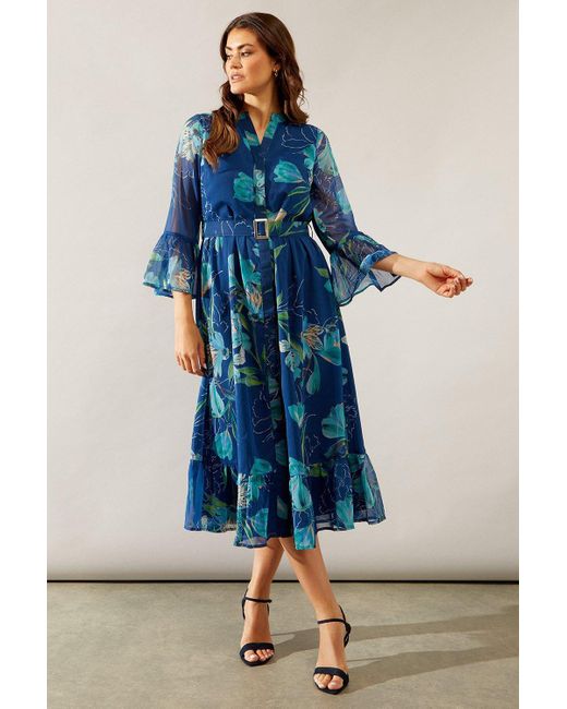 Wallis Blue Printed Chiffon Buckle Belt Midi Dress