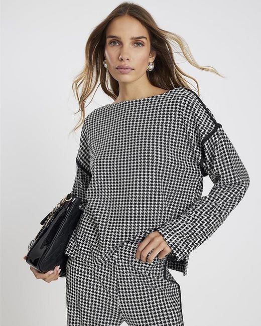 River Island Gray Sweatshirt Long Sleeve Dogtooth Print Viscose
