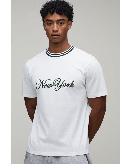 BoohooMAN White Regular Fit New York Hi-Build Embroidered T-Shirt for men
