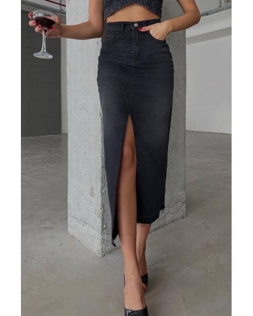 Hiccup Black Denim High Waist Midi Skirt With A Front Slit
