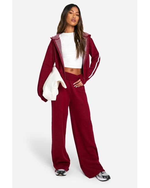 Boohoo Stripe Detail Knitted Hoody And Waist Detail Flared Trouser