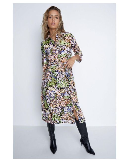 Warehouse White Abstract Smudge Roll Sleeve Shirt Dress