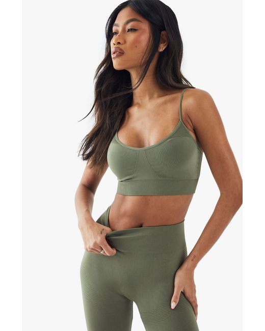 Boohoo Green Premium Sculpt Seamless Ribbed Detail Light Support Sports Bra