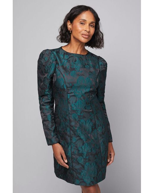 Wallis Blue Floral Jacquard Puff Sleeve Shift Dress