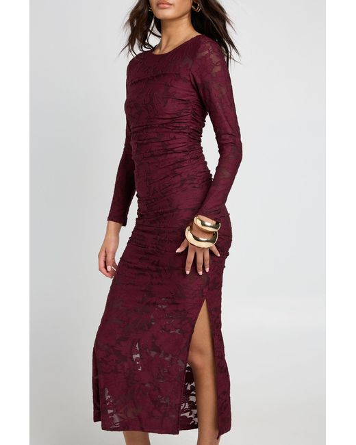Boohoo Red Burnout Floral Long Sleeve Ruched Body Midaxi Dress