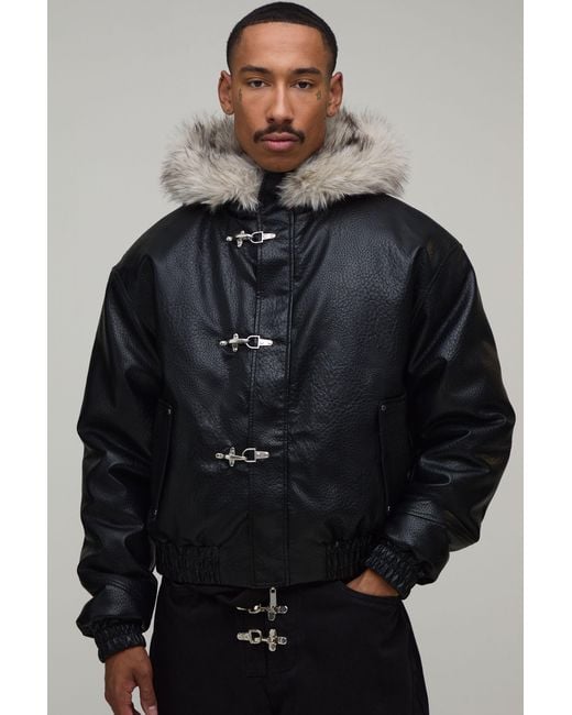 BoohooMAN Gray Oversized Boxy Reversible Faux Fur & Pu Clasp Hooded Bomber Jacket for men