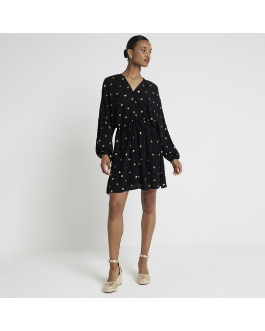 River Island Black Mini Shift Dress Sequin Spot Wrap Cotton