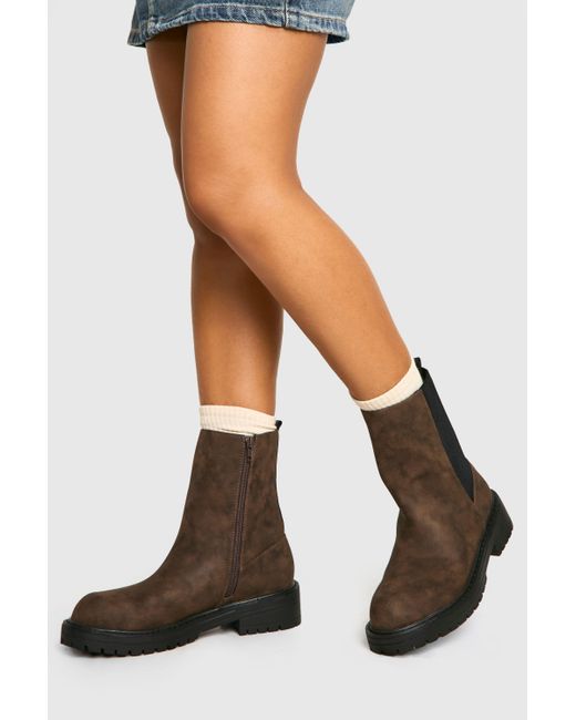Boohoo Brown Wide Fit Ankle Detail Distressed Pu Chelsea Boot