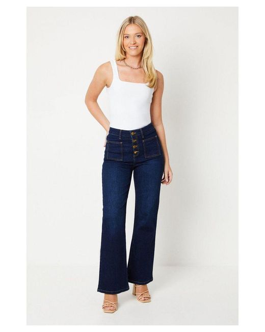 Dorothy Perkins Blue High Rise Button Detail Patch Pocket Flare Jeans