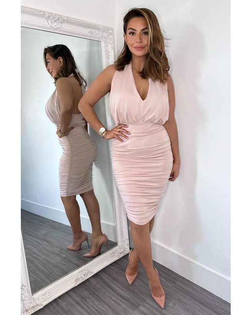 AX Paris Natural Halter Tie Neck Ruched Midi Bodycon Dress