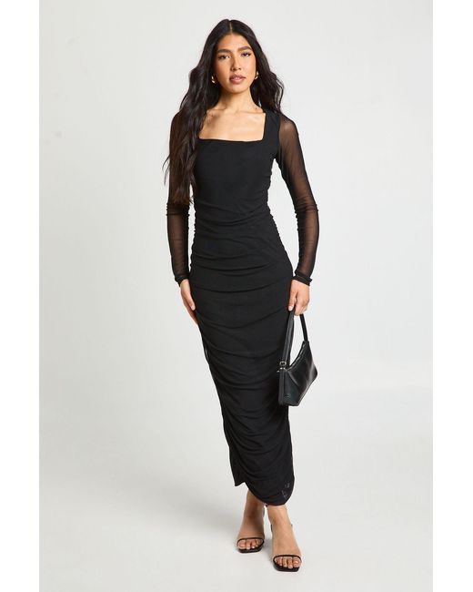 Boohoo Black Tall Mesh Square Neck Ruched Midi Dress