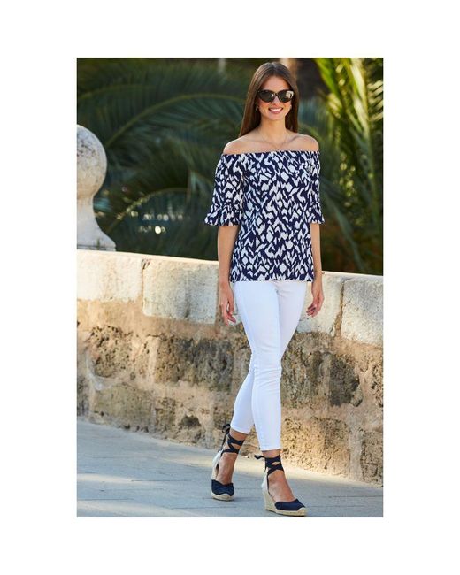 Sosandar Blue Aztec Fluted Sleeve Bardot Top Viscose